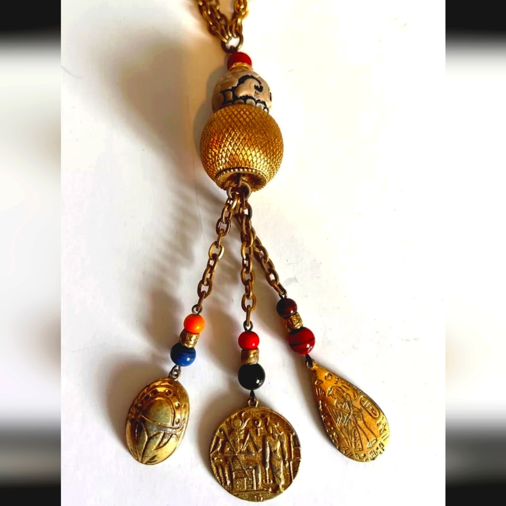 Vintage 1920's Deco Egyptian Brass Hieroglyphic Tassel Necklace